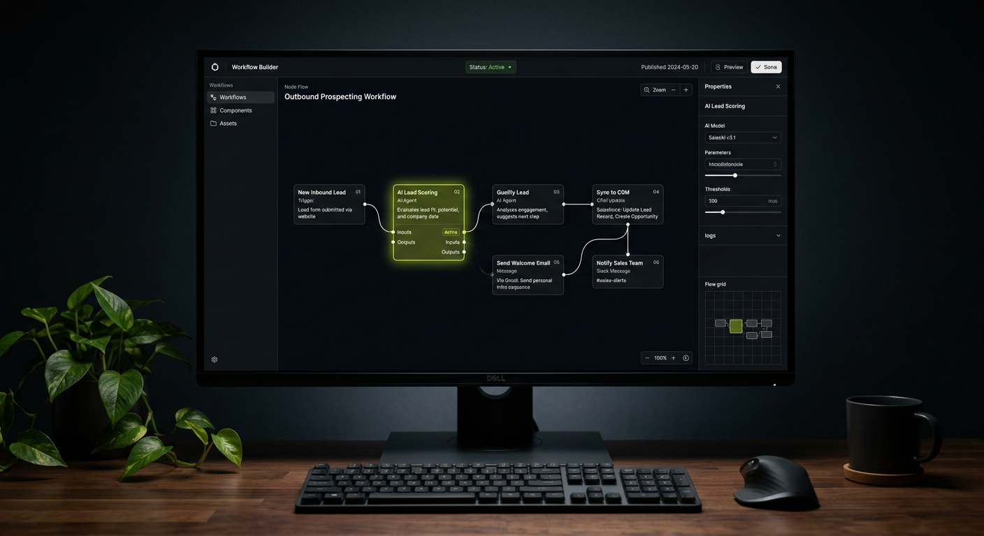 Mockup de construtor de fluxos de automação com nós conectados