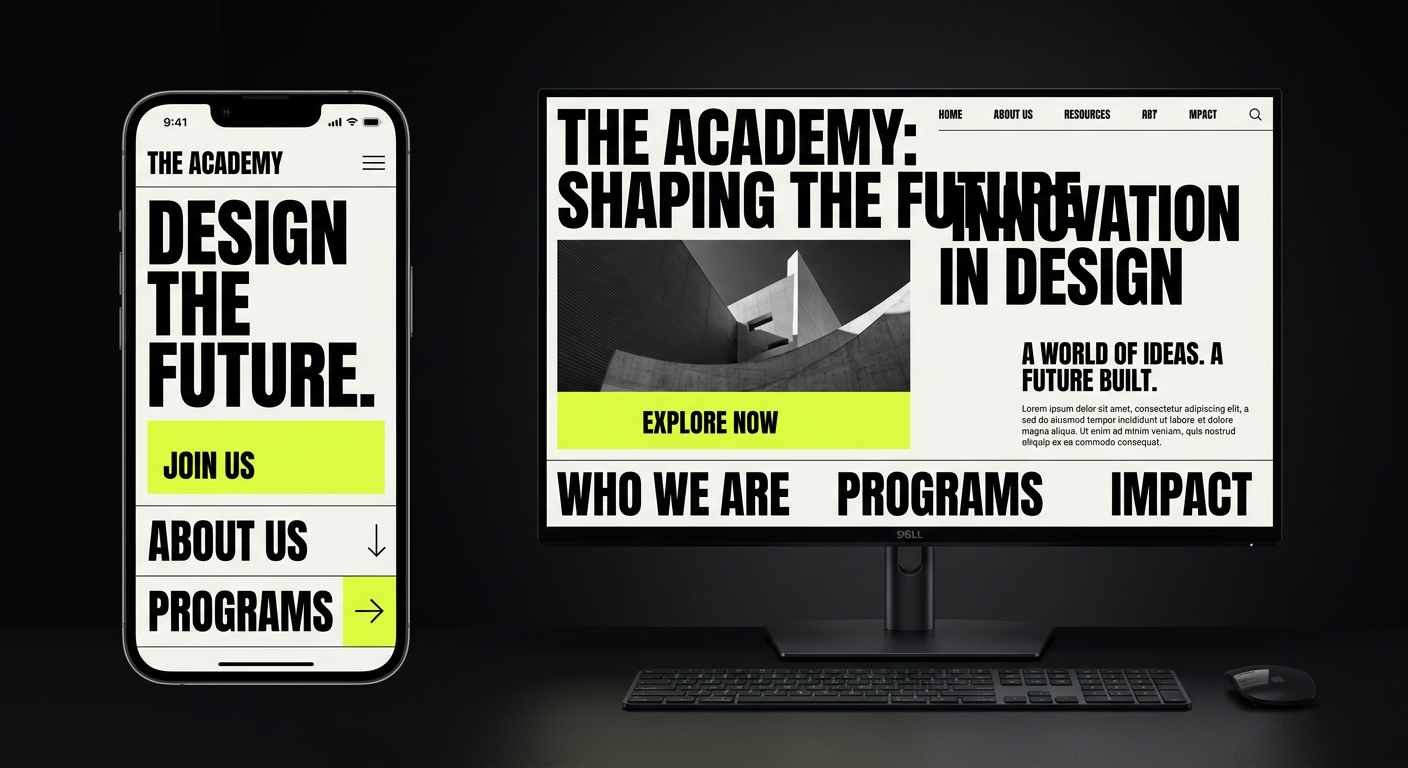 Mockup de site editorial exibido em smartphone e desktop