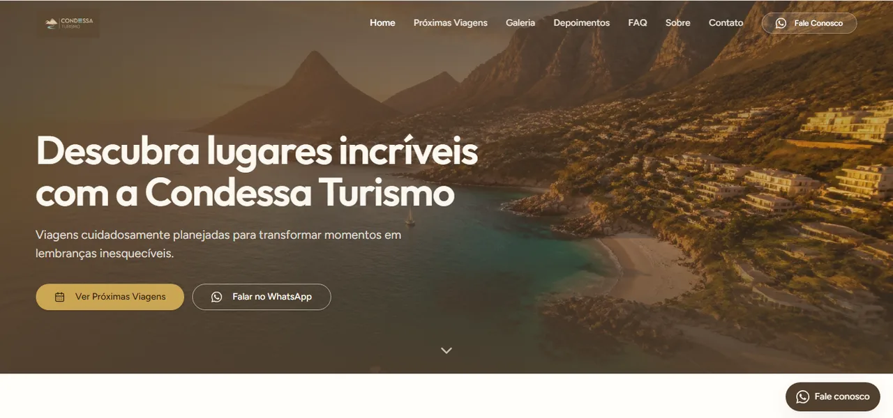Página inicial da Condessa Turismo com uma praia entre montanhas e o título "Descubra lugares incríveis com a Condessa Turismo"