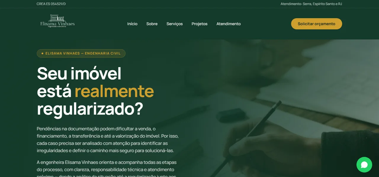 Página inicial de Elisama Vinhaes Engenharia em verde e dourado, com o título "Seu imóvel está realmente regularizado?"