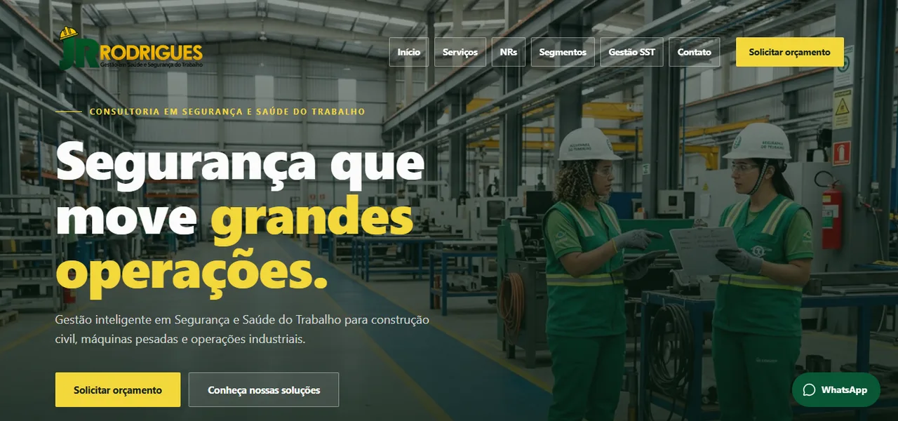 Página inicial da JR Rodrigues sobre um galpão industrial, com o título "Segurança que move grandes operações."