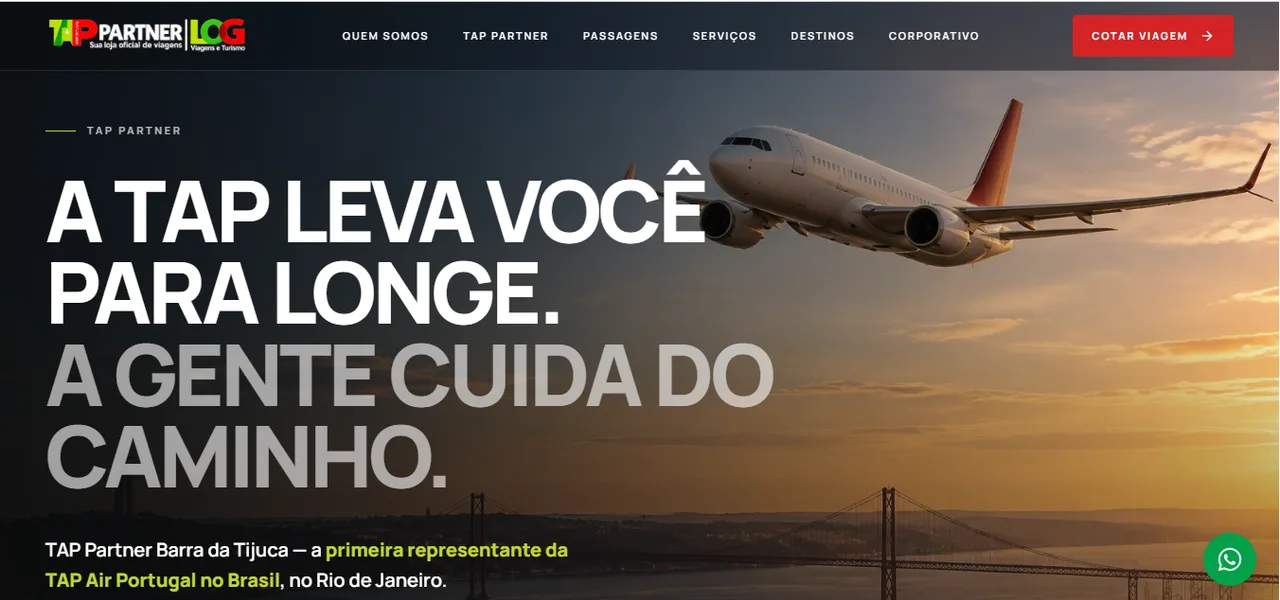 Página inicial da Log Turismo com um avião ao pôr do sol e o título "A TAP leva você para longe. A gente cuida do caminho."