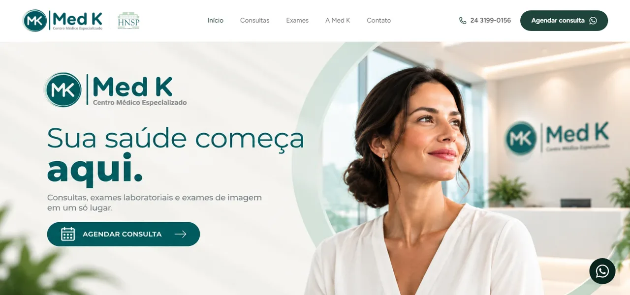 Página inicial da MedK, centro médico especializado, com o título "Sua saúde começa aqui." e botão para agendar consulta