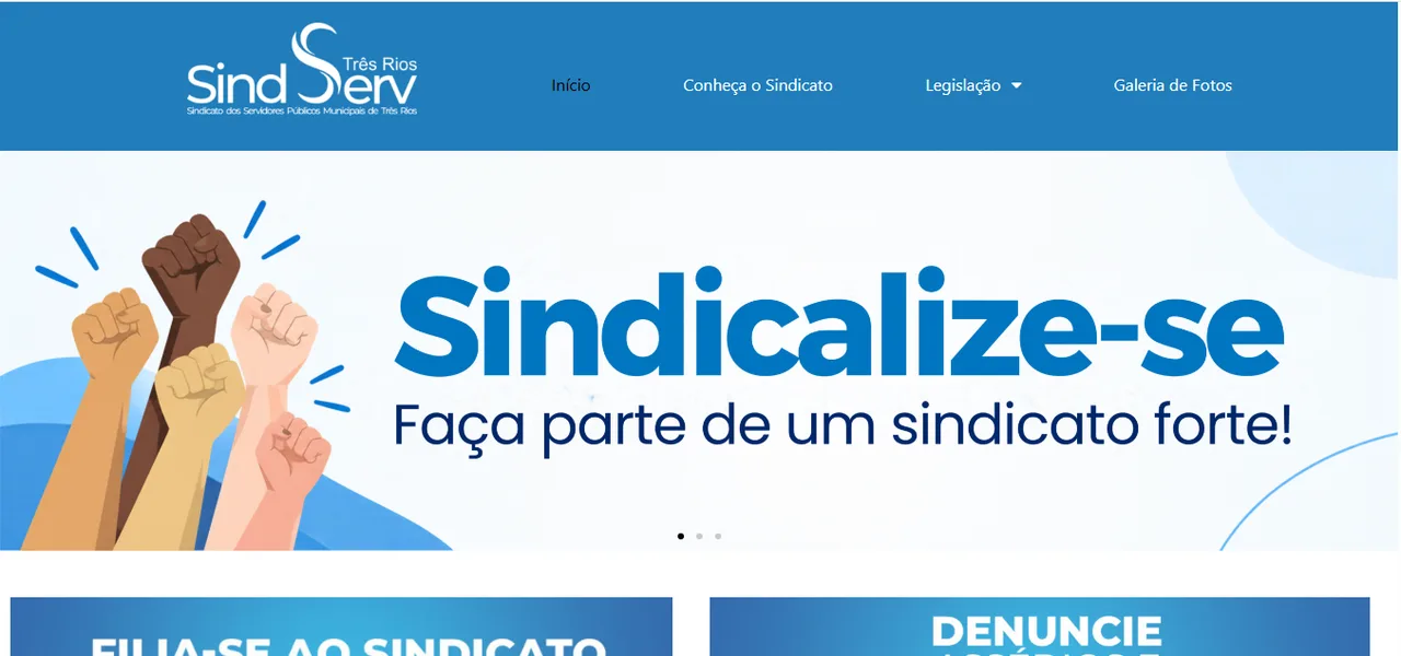 Página inicial do SindServ Três Rios em azul, com punhos erguidos e o título "Sindicalize-se: faça parte de um sindicato forte!"