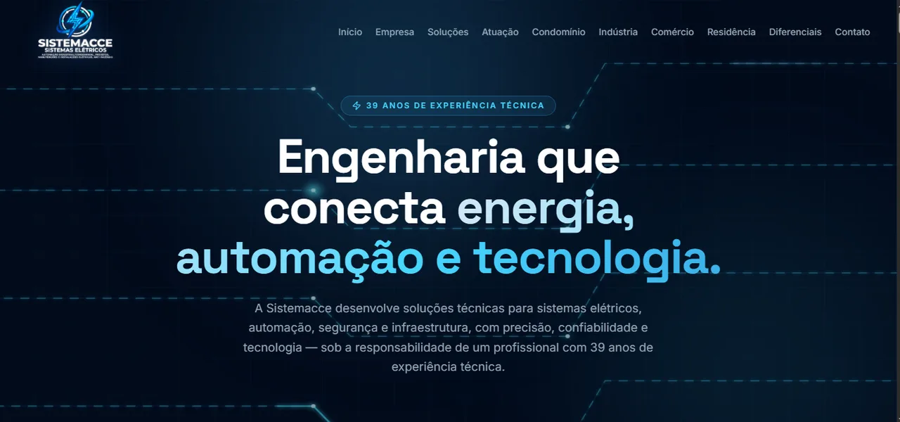 Página inicial da Sistemacce em azul-escuro, com o título "Engenharia que conecta energia, automação e tecnologia."